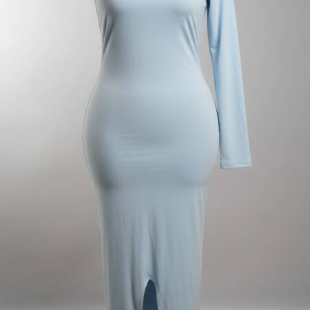 Chic Light Blue One-Shoulder Mock Neck Maxi Dress With a slit