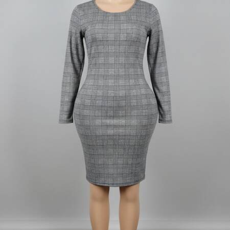 Chic Grey Plaid Long-Sleeve Bodycon Knee-Length Dress
