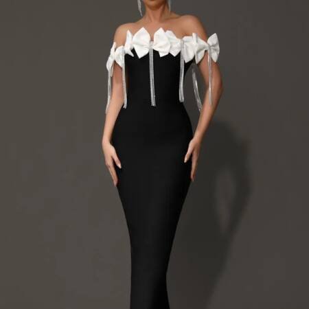 Elegant Off-the-Shoulder Black & White Gown with Bows and Tassel Details