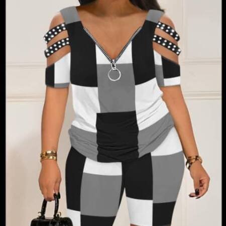 Chic Geometric Cold-Shoulder Two-Piece Set