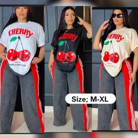 Stylish Cherry Graphic T-Shirt & Striped Wide-Leg Jeans Set