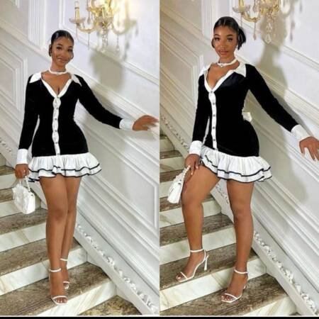 Women's Black & White Long Sleeve Ruffle Mini Dress