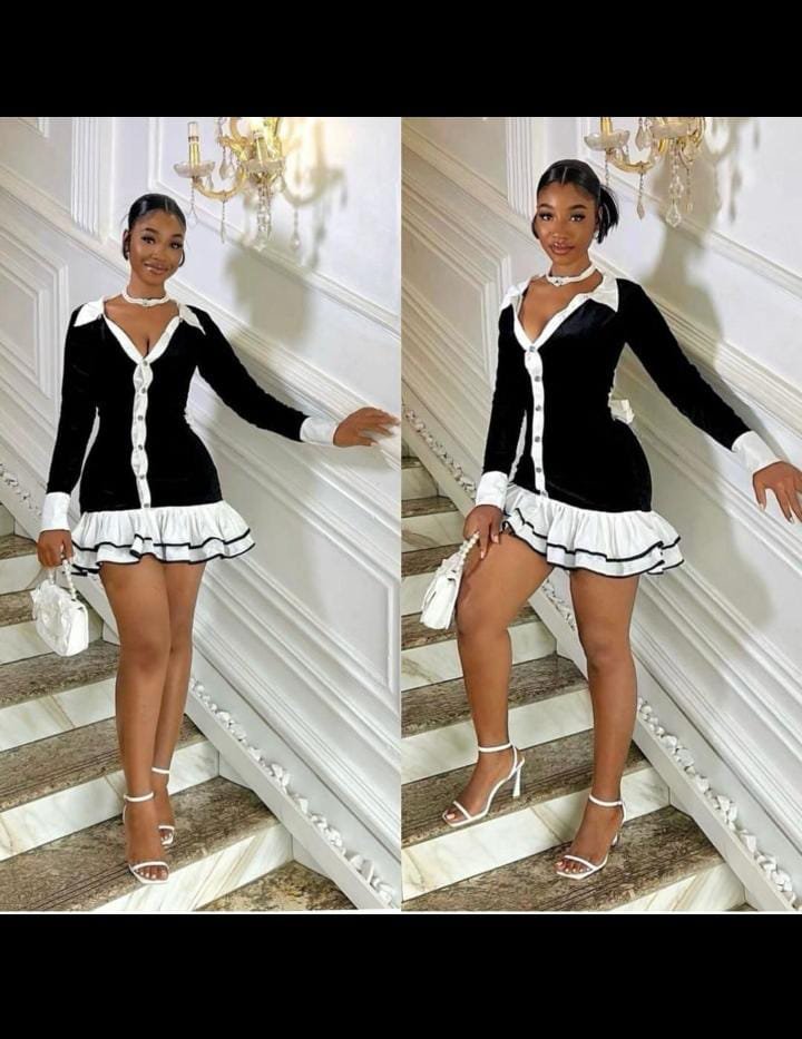 Women's Black & White Long Sleeve Ruffle Mini Dress