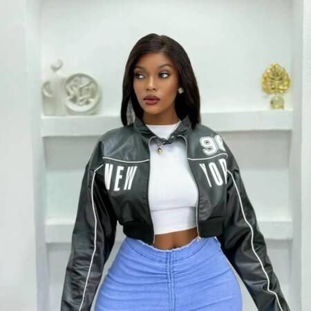 Women's Cropped Faux Leather Bomber Jacket with 'New York 96' Graphic