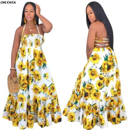 Women's Sunflower Print Halter Neck Maxi Dress with Smocked Top