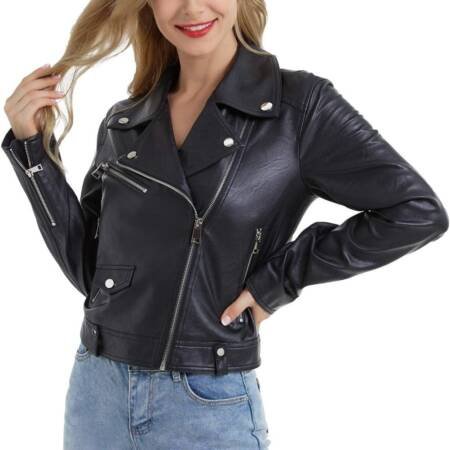 Women's Black Faux Leather Cropped Biker Jacket with Belt – Stylish Zip-Up Moto Jacket