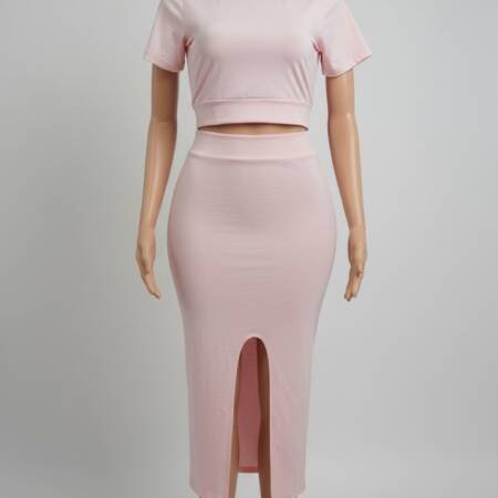 Ribbed Knit Short Sleeve Crop Top & Slit Skirt Set